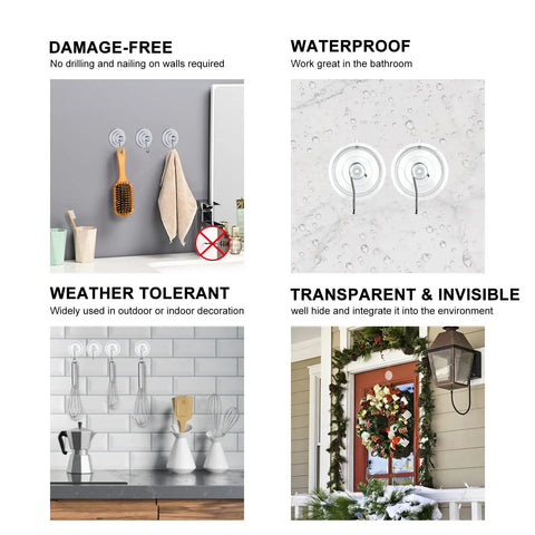 10 Pack Suction Cup Hooks Set In Three Sizes Clear PVC With Stainless Steel on kitchen wall with towels and utensils