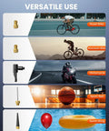 Multiple uses of 20 Second Fast Inflate Mini Bike Pump With Gauge 150 PSI Portable Electric Bicycle Air Pump for different inflatables.