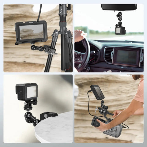 Sturdy Camera Clamp Mount With Double Ball Head Magic Arm for securing monitors and cameras on tripods, fences, desks in action setups