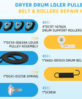 Complete Dryer Repair Kit For Samsung Including Drum Rollers, Idler Pulley, Belt, and Spring with part numbers displayed