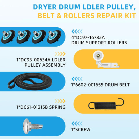 Complete Dryer Repair Kit For Samsung Including Drum Rollers, Idler Pulley, Belt, and Spring with part numbers displayed