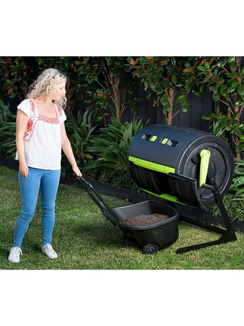 Maze Compost Tumbler With Geared Handle For Easy Turning No Hassle 65 Gallon Capacity UV Resistant High Impact Plastic Low Profile Cart