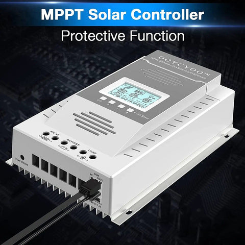 Beefy 100 Amp MPPT Solar Charge Controller With 100V Max Input, LCD display visible, protective function