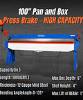 100 Inch Manual Sheet Metal Brake For 12 Gauge Steel Bending With Adjustable Fingers And 135 Degree Angles 8 Foot Beefy Steel Construction For Box And Pan Bends Model PB10012 on display, front view