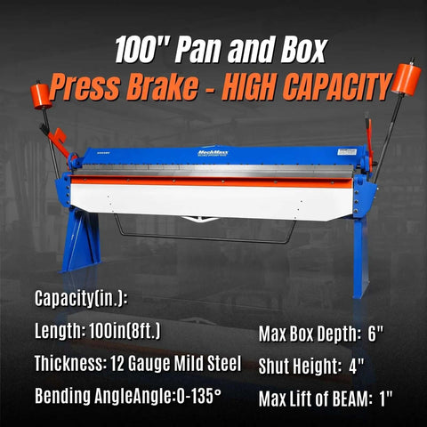 100 Inch Manual Sheet Metal Brake For 12 Gauge Steel Bending With Adjustable Fingers And 135 Degree Angles 8 Foot Beefy Steel Construction For Box And Pan Bends Model PB10012 on display, front view