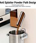 Top Shelf Electric Burr Coffee Grinder With 60 Precision Settings And 80G Single Dose Hopper Kicking Out Smooth Grinds For Espresso Drip French Press Or Cold Brew Brewing With Anti Static Design For Zero Hassle, showcasing anti splatter powder path.