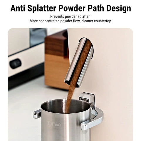 Top Shelf Electric Burr Coffee Grinder With 60 Precision Settings And 80G Single Dose Hopper Kicking Out Smooth Grinds For Espresso Drip French Press Or Cold Brew Brewing With Anti Static Design For Zero Hassle, showcasing anti splatter powder path.