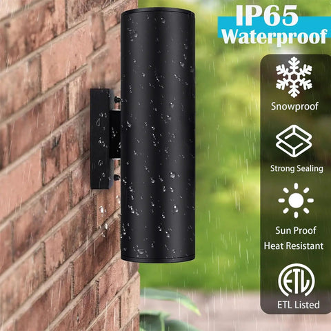 Up And Down Outdoor Wall Sconce With APP Control, RGB CCT Color Changing Exterior Light Fixture mounted on a wet brick wall