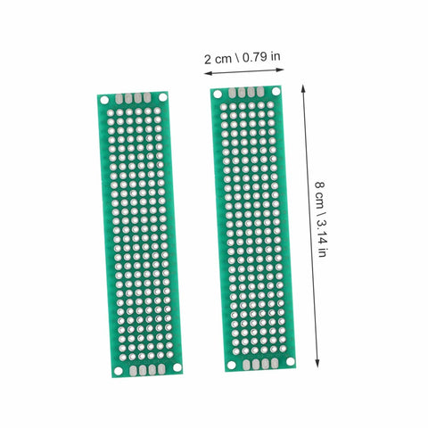 Double Sided Breadboard Kit For Soldering Projects, compact PCB board, green with universal IC pitch, size 2 cm by 8 cm