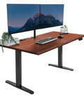 Pro Grade 60 Inch Electric Standing Desk With Adjustable Height And Memory Presets Smooth Hazelnut Woodgrain Finish Rock Solid Black Frame, dual monitor setup.