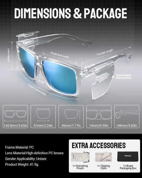 Tough As Nails Wraparound Safety Sunglasses Featuring Detachable Side Shields Impact Resistant Tinted Lenses dimensions and accessories.
