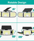 Solar Motion Sensor Outdoor Flood Lights With 3000 Lumen Output And Three Adjustable Heads showing rotatable design angles