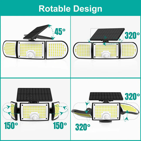 Solar Motion Sensor Outdoor Flood Lights With 3000 Lumen Output And Three Adjustable Heads showing rotatable design angles