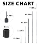 Beefy Adjustable Tarp Poles For Canopies And Tarps, Heavy Duty Camping Tent Poles size chart showing adjustable heights and rod diameters.
