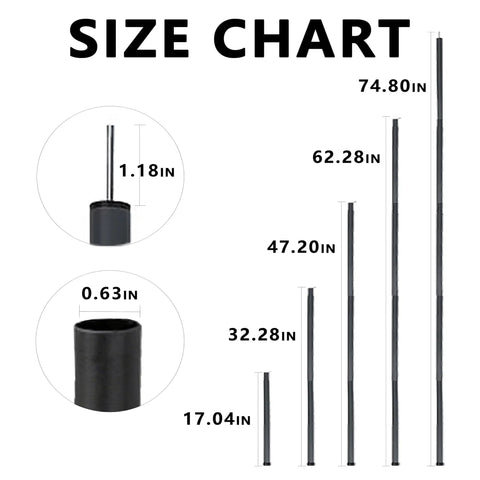 Beefy Adjustable Tarp Poles For Canopies And Tarps, Heavy Duty Camping Tent Poles size chart showing adjustable heights and rod diameters.