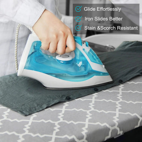 Heavy Duty Ironing Board Cover And Pad 15x54 Standard Size With Elastic Edge Extra Thick Padding in use with iron