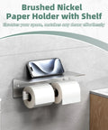 Double Toilet Paper Holder With Shelf In 304 Stainless Steel Brushed Nickel Finish mounted on wall with toiletries.