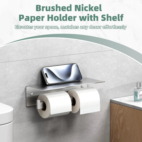 Double Toilet Paper Holder With Shelf In 304 Stainless Steel Brushed Nickel Finish mounted on wall with toiletries.