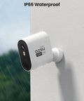 Wireless Outdoor Security Cameras System 5MP Ultra HD, 2 Camera Kit shown mounted, with IP66 waterproof rating in rain.