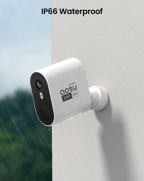 Wireless Outdoor Security Cameras System 5MP Ultra HD, 2 Camera Kit shown mounted, with IP66 waterproof rating in rain.