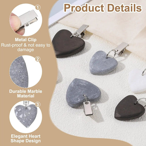 8-Piece Tablecloth Weights With Metal Clips Marble Heart Pendant Style, gray white on tablecloth, 4.5 x 4.5 cm, garden decor.