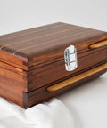 Vintage Zinc Alloy Box Latch Slick Self Locking Clasp on wooden jewelry box for quick secure closure