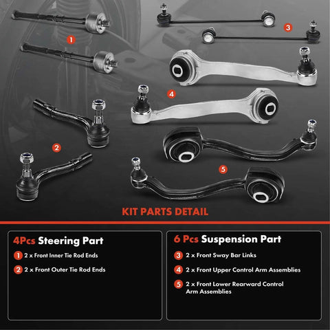 Ten Piece Front Suspension Kit With Lower Forward And Rearward Control Arms For Mercedes Benz C230 C240 C280 C32 AMG C320 C350 CLK320 CLK350 CLK500 CLK55 AMG CLK550 RWD Models Direct Fit, kit parts detail