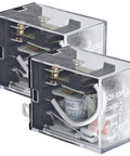 Pack Of 2 Dope General Purpose Power Relay With DPDT Contacts 10A Load 24VAC Coil Low Current Signal Control Rock Solid Switching For Electronics Projects And DIY Auto Lighting, showing clear cases and wiring.