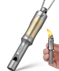 Three In One Fire Starter Survival Tool With Titanium Emergency Whistle Kerosene Lighter And Mini Pill Holder shown lit and hanging