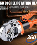 Close-up of Pro Press Copper Pipe Crimp Tool Kit With Three Dies For One Half Inch, Three Quarter Inch And One Inch PEX Plumbing with rotating head.