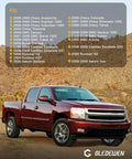 Red Chevy Silverado in desert setting with compatibility list for Pre Programmed Fuel Pump Flow Control Module Replacement For GM Trucks And SUVs Plug And Play No Fuss Install For 2007 2009 Chevy Silverado Colorado Suburban Tahoe Express GMC Sierra Yukon Savana And Cadillac Models