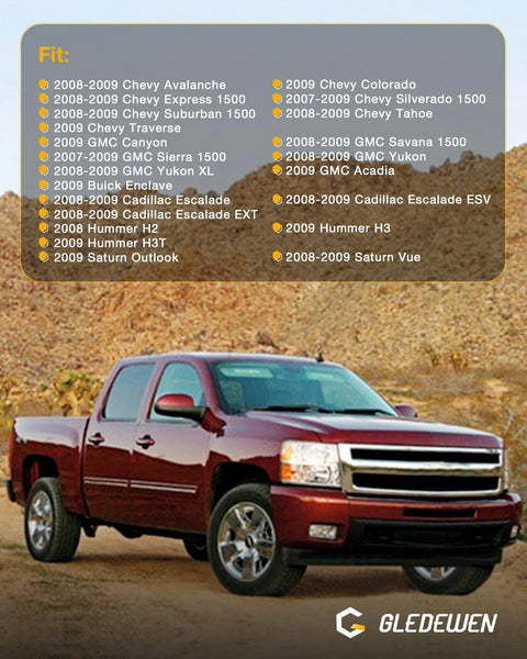Red Chevy Silverado in desert setting with compatibility list for Pre Programmed Fuel Pump Flow Control Module Replacement For GM Trucks And SUVs Plug And Play No Fuss Install For 2007 2009 Chevy Silverado Colorado Suburban Tahoe Express GMC Sierra Yukon Savana And Cadillac Models