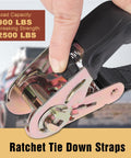Hand using Endless Ratchet Strap Set 1 Inch Wide Heavy Duty Tie Down Straps 8 Feet Long Hookless Design 900 Pound Load Capacity