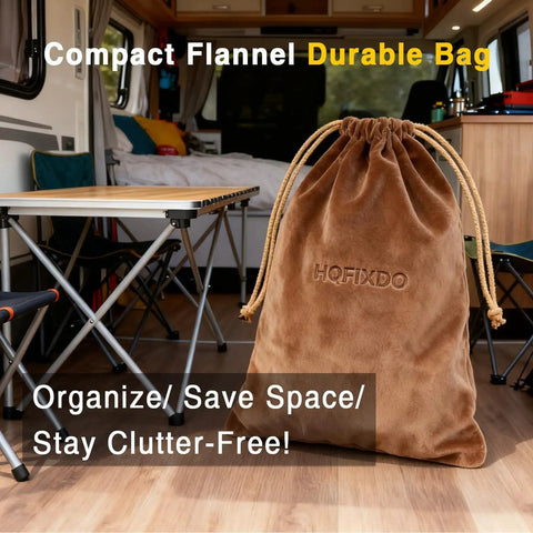 Compact flannel durable bag in RV interior for organizing, showing drawstring closure and HQFIXDO logo