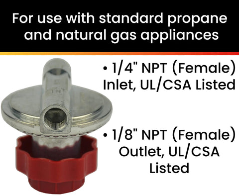 Metal propane regulator, 0-10 psi adjustable, red knob; 1/4 NPT female inlet and 1/8 NPT female outlet.