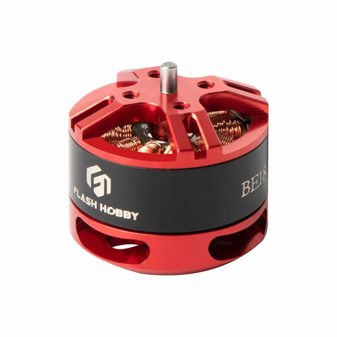 Red and black BE1806 2300KV Brushless Motor Race Edition for micro quadcopters 160 to 210 class with visible inner and outer shaft