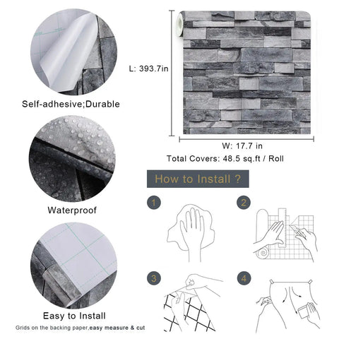Grey Faux Brick Peel And Stick Wallpaper Dope Look Self Adhesive Removable For Kitchen Bedroom Living Room Decor 17.7 By 393.7 Inches Covers 48.5 Sq Ft Easy Peel And Stick No Mess No Glue Needed Modern Vintage Brick Look waterproof and easy to install display with illustrations