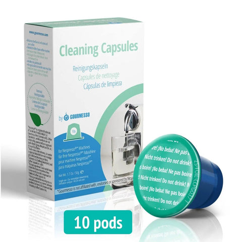 Nespresso Original Machines Cleaning Pods Set With 10 Cleaning Capsules, product box and single capsule displayed