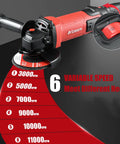 Heavy Duty Four Point Five Inch Angle Grinder With Twelve Hundred Watt Motor Cranking Out Eleven Thousand Rpm For Steel Cutting And Grinding Featuring Nifty Speed Controls and showing variable speed settings.