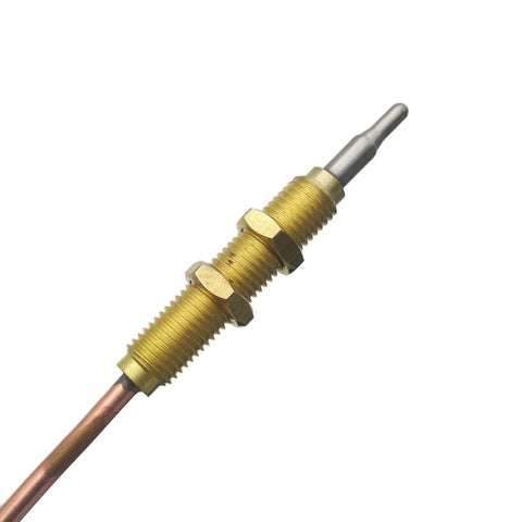 Side view of propane BBQ grill thermocouple sensor with brass threaded body, copper tube, M8x1 thread, 24-inch length.