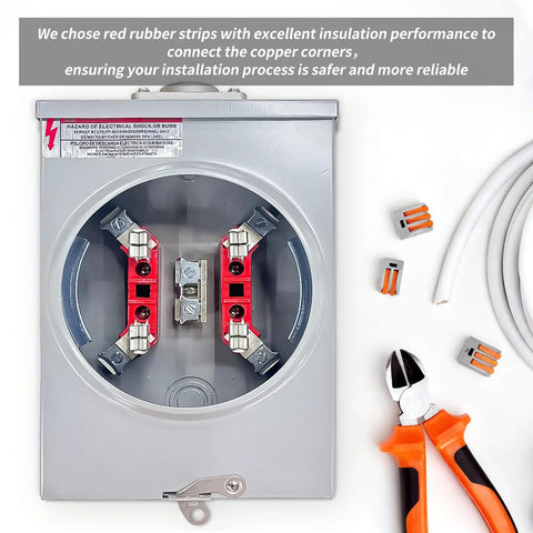 Heavy Duty 125 Amp Meter Socket 4 Jaw Base 600V showing internal connections and red rubber insulation for safety.