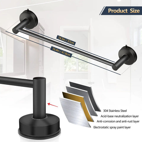 Matte Black Suction Cup Towel Bar 17 Inch For Bathroom And Kitchen, No Drill Wall Mounted Stainless Steel Towel Holder details