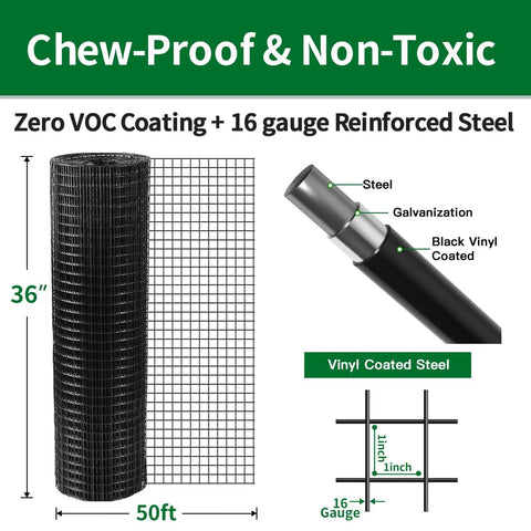 Heavy Duty PVC Coated Hardware Cloth Mesh 1x1 Inch 36 Inch By 50 Feet Welded Wire Fence Roll For Chicken Coops Yard Garden Fencing Deer Rabbit Barrier Gopher Tree Guard 12 Gauge Black with vinyl coating and specifications diagram.
