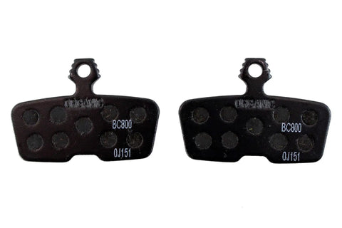 Organic Disc Brake Pads For Code R RSC Guide RE Brakes Steel Backed And Quiet Avid Compatible Pads With Organic Compound Formula Smooth Modulation Long Lasting Wear Easy Install, front view, showing steel backing and pad shape.