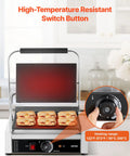 VEVOR Commercial Panini Grill 1800W Electric Sandwich Press showing high-temperature resistant switch and six sandwiches.
