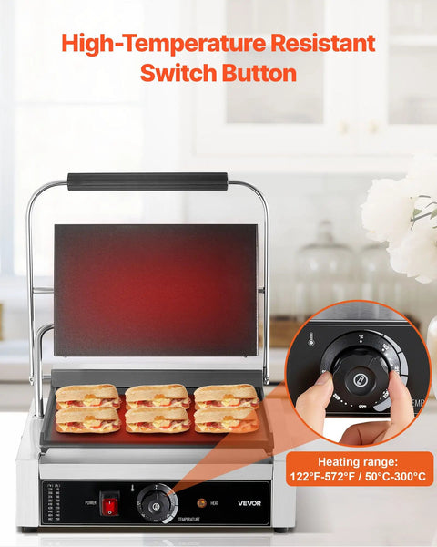 VEVOR Commercial Panini Grill 1800W Electric Sandwich Press showing high-temperature resistant switch and six sandwiches.