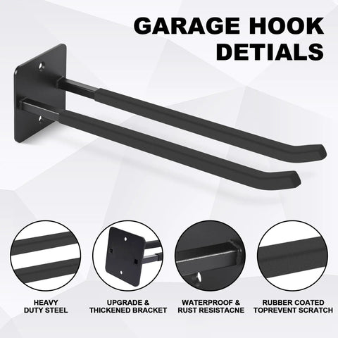 Extra Large 14 Inch Garage Hooks Set for Wall Mount Storage, Heavy Duty Tool Hangers, detail view of long utility hook.