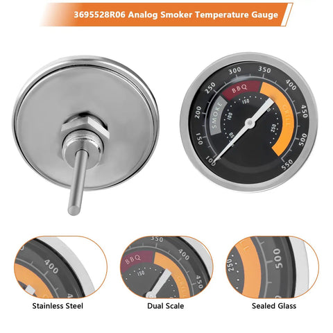 Glowing Analog Stainless Steel Grill Thermometer Replacement Gauge for Oklahoma Joe Longhorn and Highland Smokers Thirteen Sixteenth Inch Mount Hole BBQ Heat Indicator for Charcoal Wood Pellet and Gas Grills Two Pack, front and back view