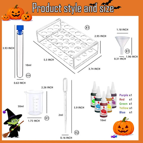 Halloween Test Tube Drink Set 24 Pack With Rack And Lids Includes 10ml Plastic Tubes Funnels And Five Food Color Dyes