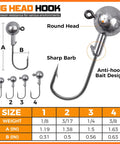 Diagram of round jig heads with sharp barb, anti-hook bait design, part of 108 Piece Tackle Box Fishing Lures Set With Paddle Tail Swimbaits Soft Worms Floating Shrimp Lures And Round Jig Heads For Freshwater Crappie Bass Trout All In One Tackle Kit For Men